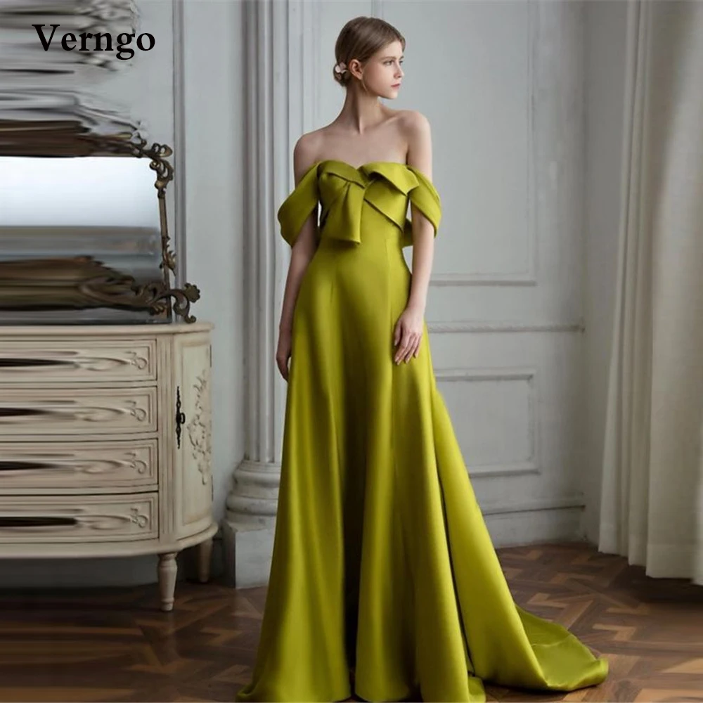 

Verngo Simple Army Green Satin Long Evening Dresses Off the Shoulder Backless A Line Prom Gowns 2021 Formal Celebrity Dress