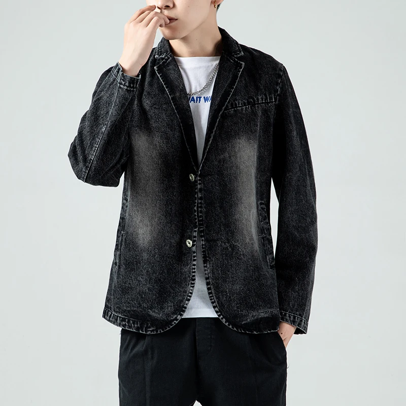 

Pop Mens Denim Jacket Fashion Vintage Cotton Outwear Denim Blazer Men Casual Denim Suit Coats Black Denim Jacket Men Jean Coat