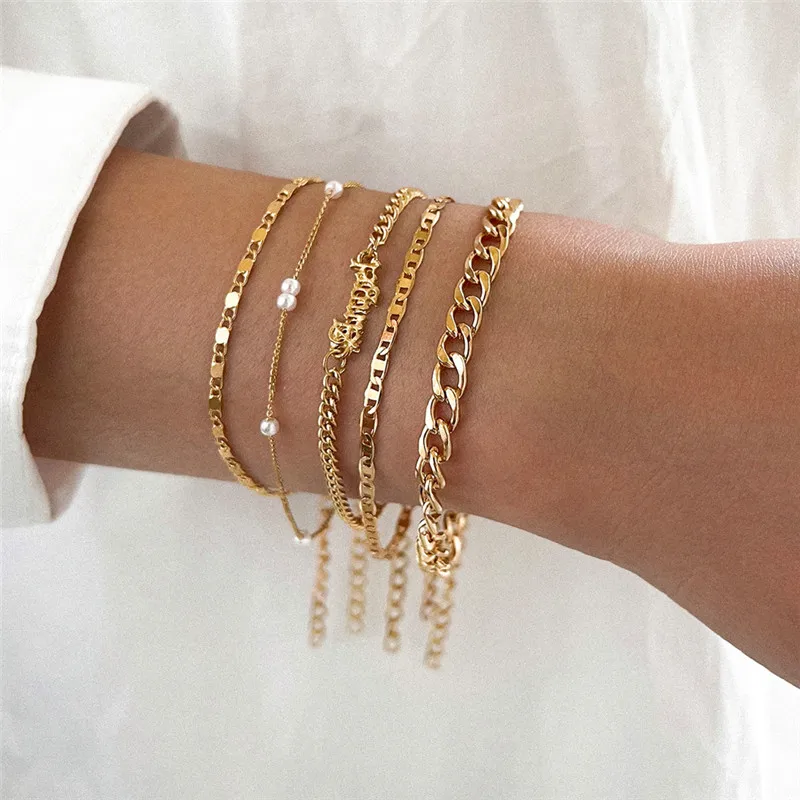 Modyle Bohemian Pearl Angel Bracelets Elegant Charm Bangle For Women Gold Color Chain Bracelet Sets Vintage Boho Jewelry