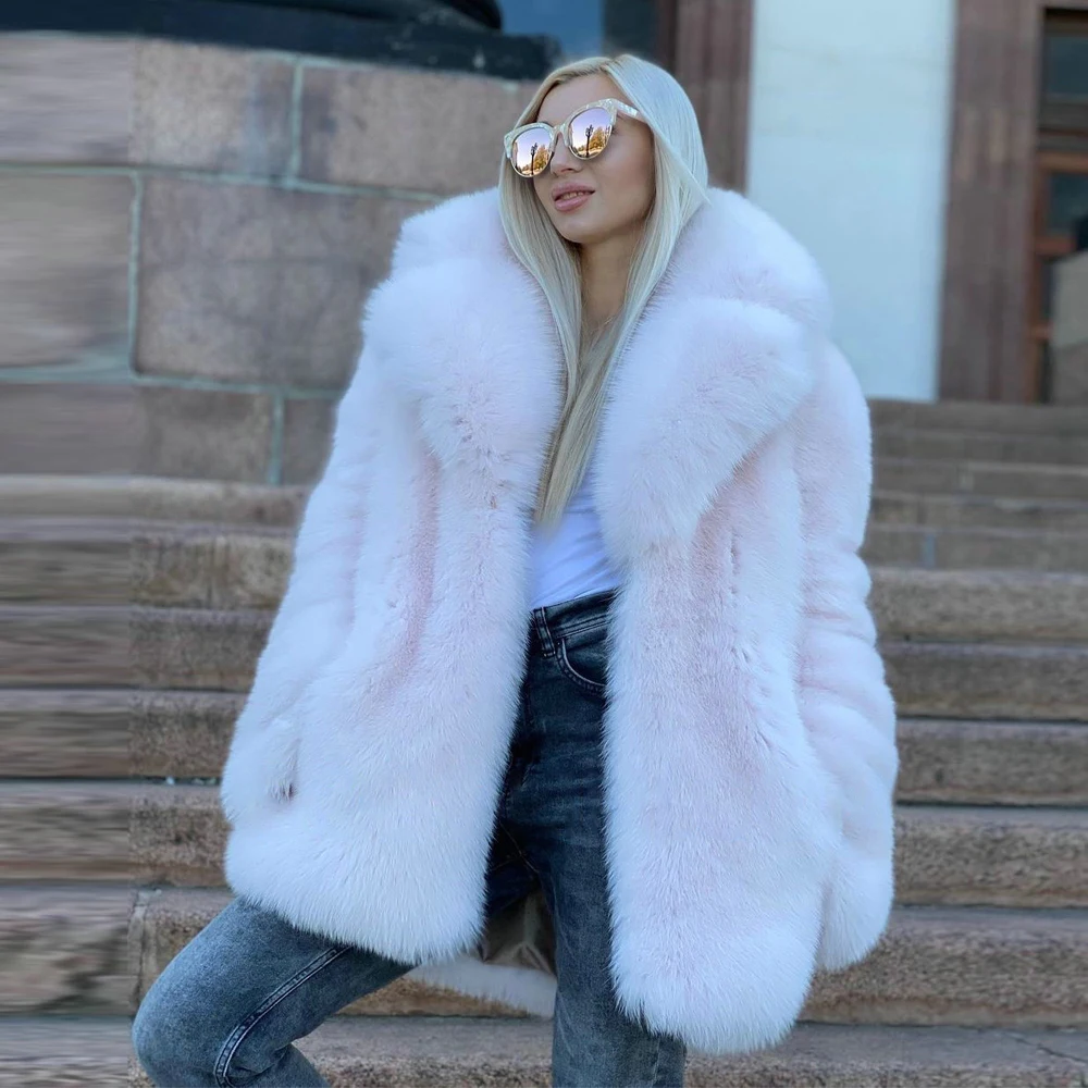 Light Pink Natural Fox Fur Jacket Turn-down Collar 2022 Trendy Women Mid-length Genuine Full Pelt Fox Fur Coats Female Outwear