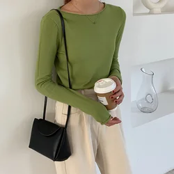 Knitted Boat Neck Sweater Tops Women Curl Edges Solid Sweaters Pullovers Green