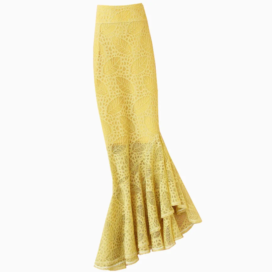 

2022 summer vintage ruffles lace mermaid skirt women high waist slim package hip trumpet skirt