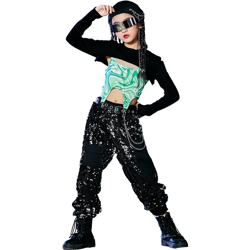 Stock Kpop Jazz Dance Outfit Mädchen Hip Hop Dancewear Kinder Street Dance Kostüm Pailletten Cargo Hosen Rave Festival Kleidung