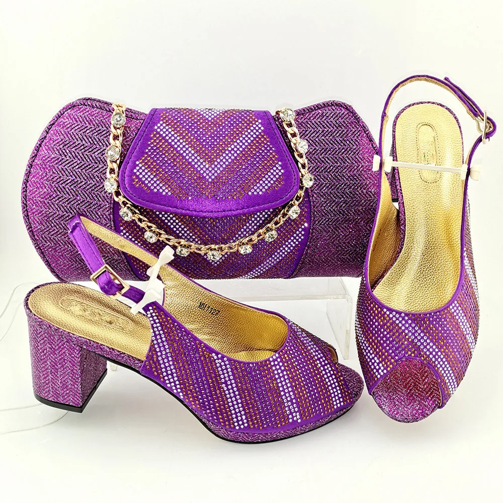 

High Grade Purple Women Shoes Match Handbag With Rhinestones Decoration African Dressing Pumps And Purse Set MM1127,Heel 5CM