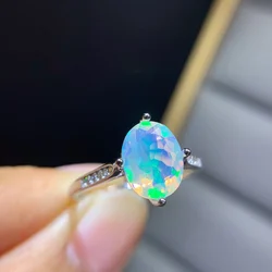 Oval 7x9mm Natural Faceted Cut Rainbow Opal Ring Real 925 Sterling Silver Engagement Wedding Rings Jewelry For Women Gift