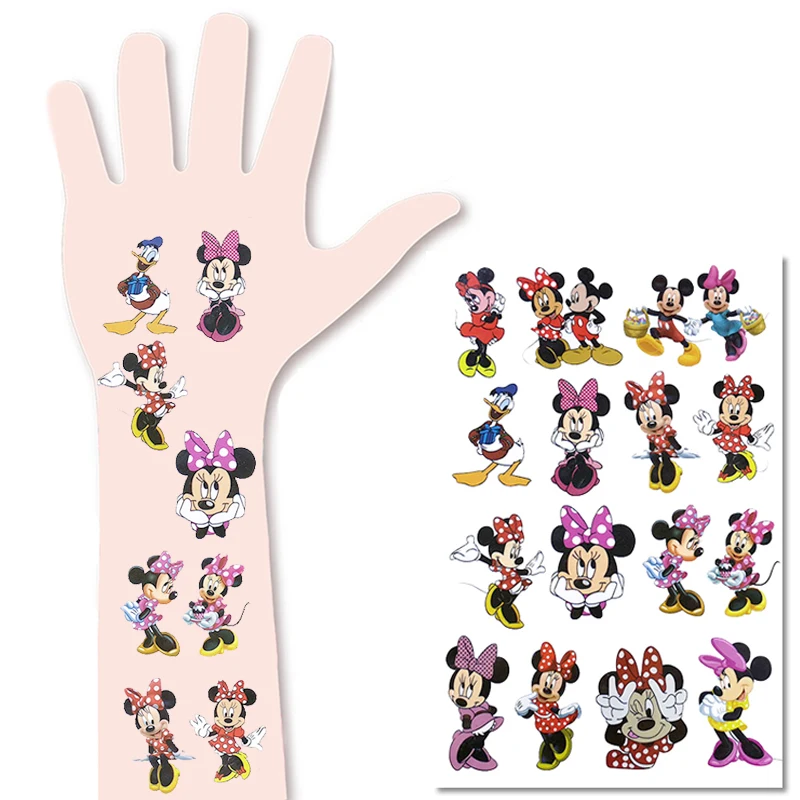 Disney Mickey Minnie Mouse naklejki z tatuażami dziecko tymczasowe fałszywe tatuaże wklej na ramię dla dzieci Cartoon Anime zabawki dla dzieci Sticke