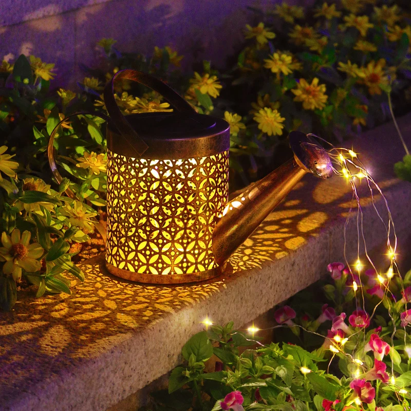 Outdoor Solar Watering Can Ornament Lamp Wrought Iron Hollow Out Metal Solar Powered LED Lamp Outdoor String Garden Decorations