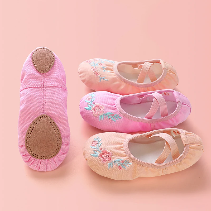 Kids Dance Embroidery Flower Ballet Shoes Children Girls Professional Canvas Soft Sole Shoes for Ballet