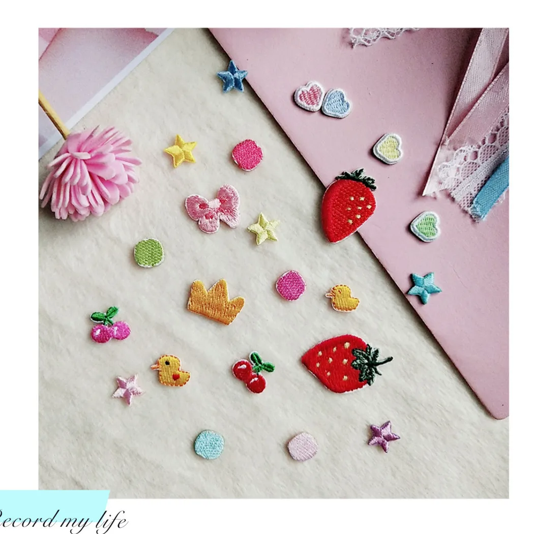 Self-adhesive Mini Cute Star Heart Round Cherry Embroidery Patches for Clothing Iron-on Chothes Shoe Cartoon Applique Stripe Diy