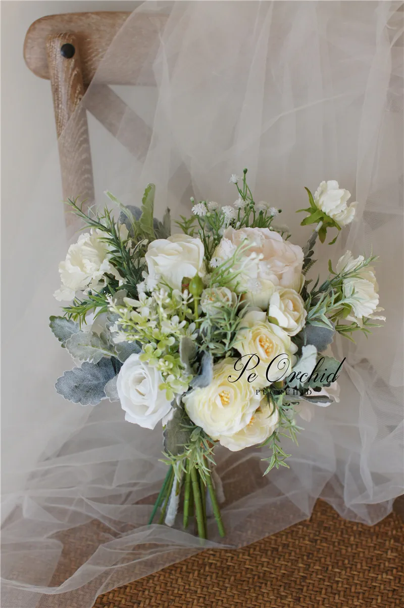 PEORQUID-Branco Cascading Bridal Flower Bouquet, Artificial Eucalyptus Roses, Bouquet De Casamento Para Noiva Fotografia, Luxo, 2022