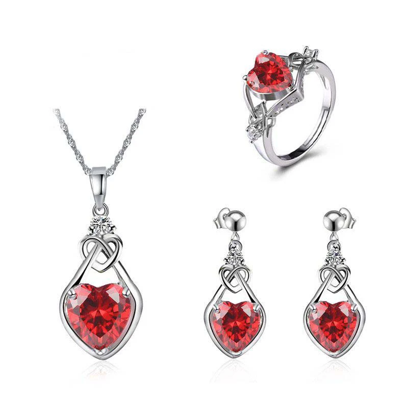 Red Heart Sets Package Setting Cubic Zirconia Necklace Earrings Rings Set Fashion Color Party Jewelry Sets for Women