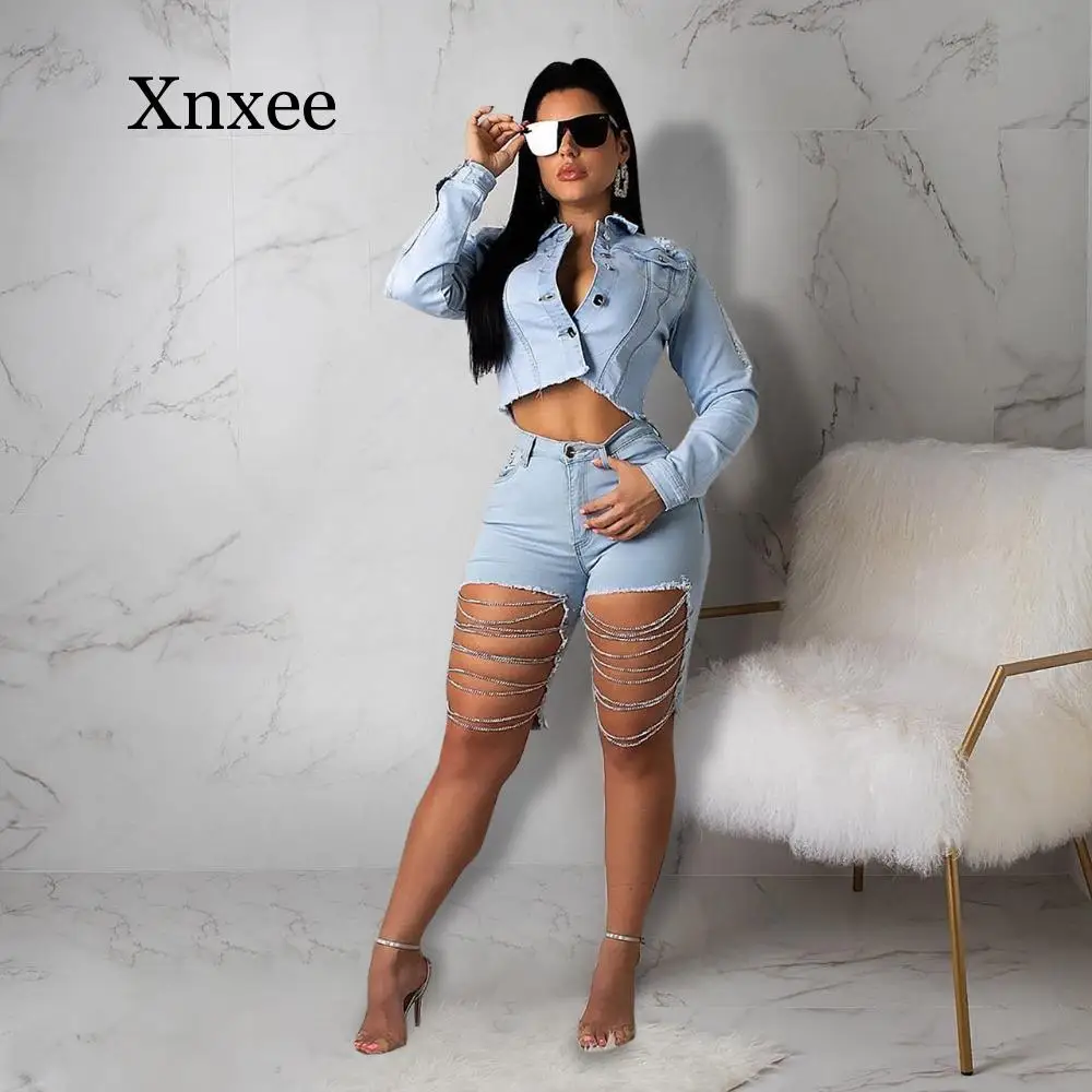 Hip Pop New Women Summer Streetwear Chain Hollow Out Black High Waist Knee Length Pants Light Denim Jeans Skinny Short Pants