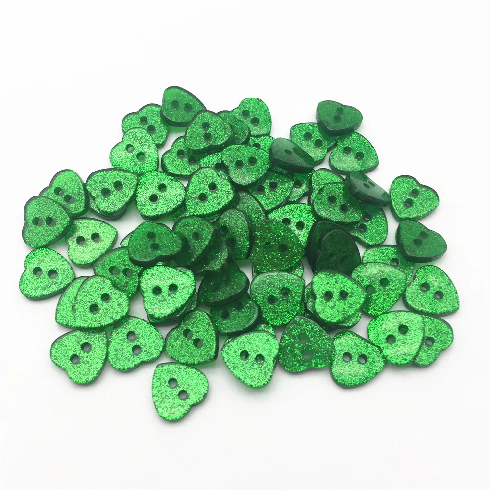 50pcs Dark Green Glitter Heart Star Round Shaped Buttons 2 Holes Sewing Accessories Embellishment DIY Sparkle Crafts Scrapbook