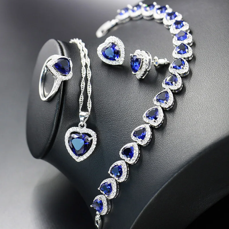 

Zlxgirl jewelry Blue Cubic zircon love heart pendant earring bracelet ring jewelry sets high women bridal wedding bijoux sets