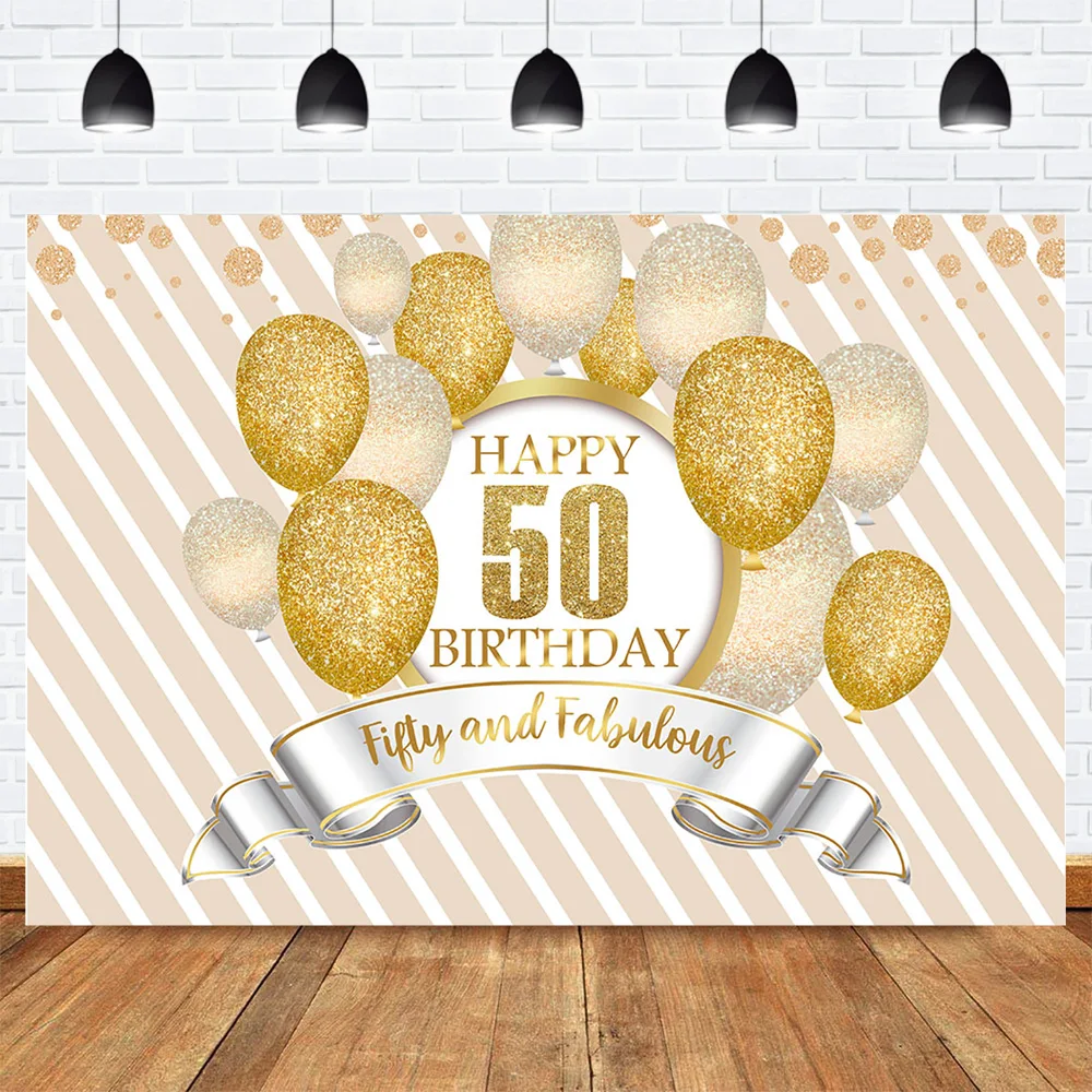 Happy 50th Birthday Party Backdrop Fifty and Fabulous Birthday Golden Balloons Photo Background for Adult Stripes Photobooth