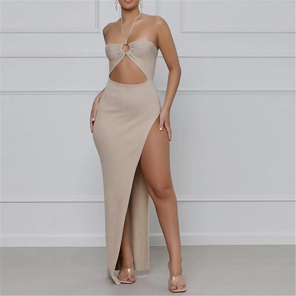 Sexy high Split Dress lady Halter Slim banquet party solid color long dress knitting backless Hollow Tube top high waist dress