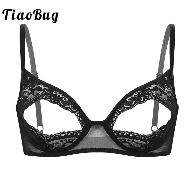 TiaoBug Women Lingerie Sheer Lace Floral Adjustable Spaghetti Straps Nipple Split Bralette Wire-free Unlined Open Cups Sexy Bra