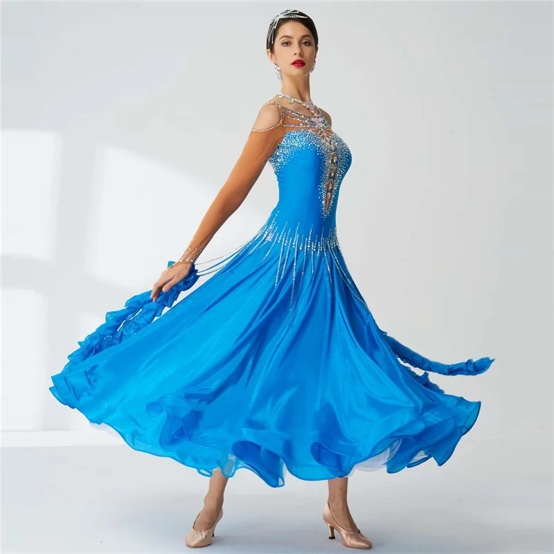 B-20114 Custom standard modern dance performance dress competition waltz ballroom dance custom pearl silk dress for sale