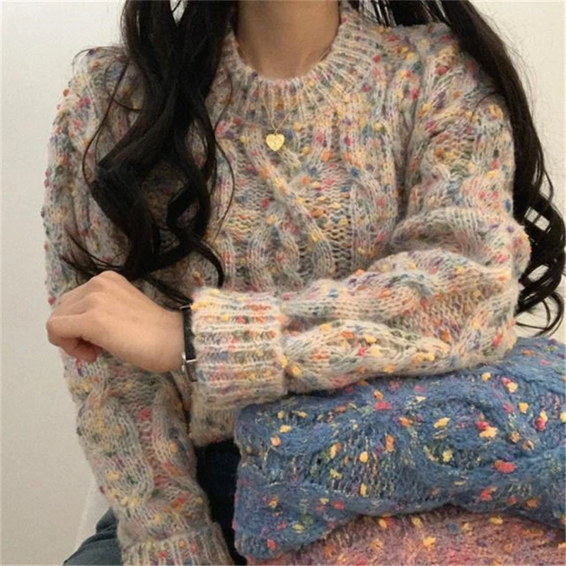 Casual Korean O Neck Sweater Women Print Vintage Sweet Sweater Loose Long Sleeve Chic Streetwear Autumn Sweater Women\'s Clothing