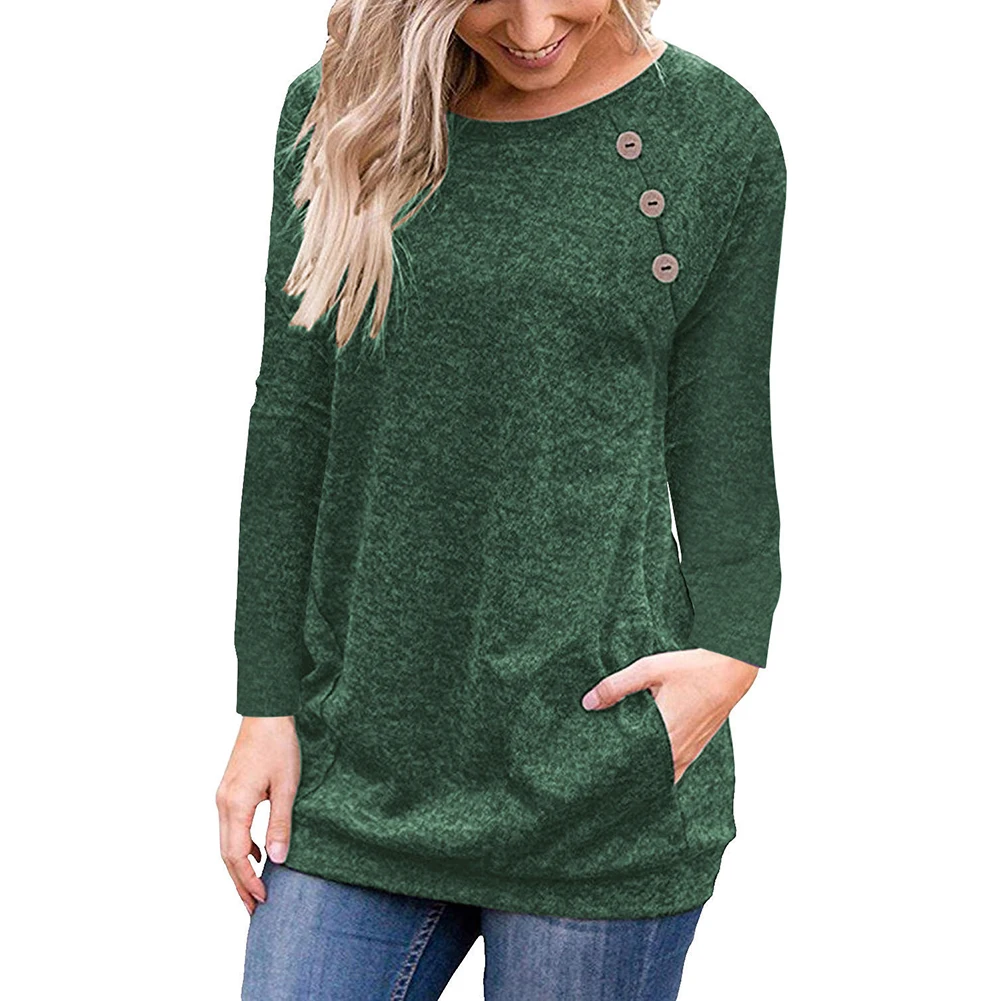 Autumn Women Sweater Tops Solid Color Long Sleeve Crew Neck Button Casual Pullover Blouse Female Clothing Ladies Loose Knitwear