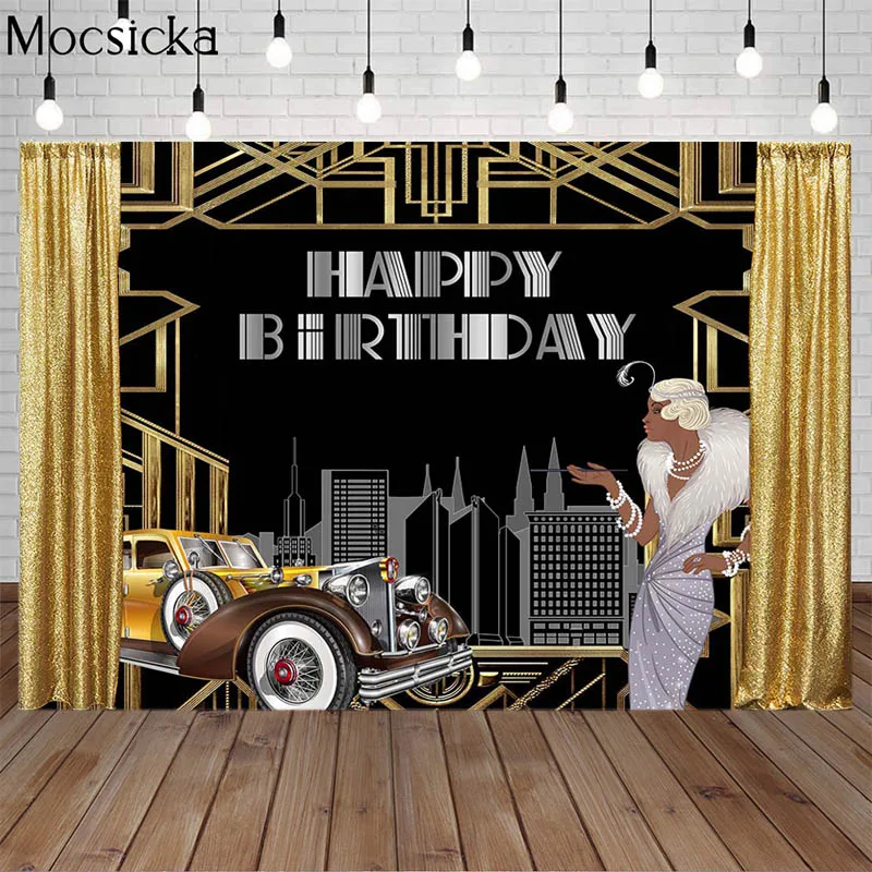 

Mocsicka Great Gatsby Photography Backdrop Black Gold Line Car Adult Birthday Party Decoration Banner Photo Background Photocall