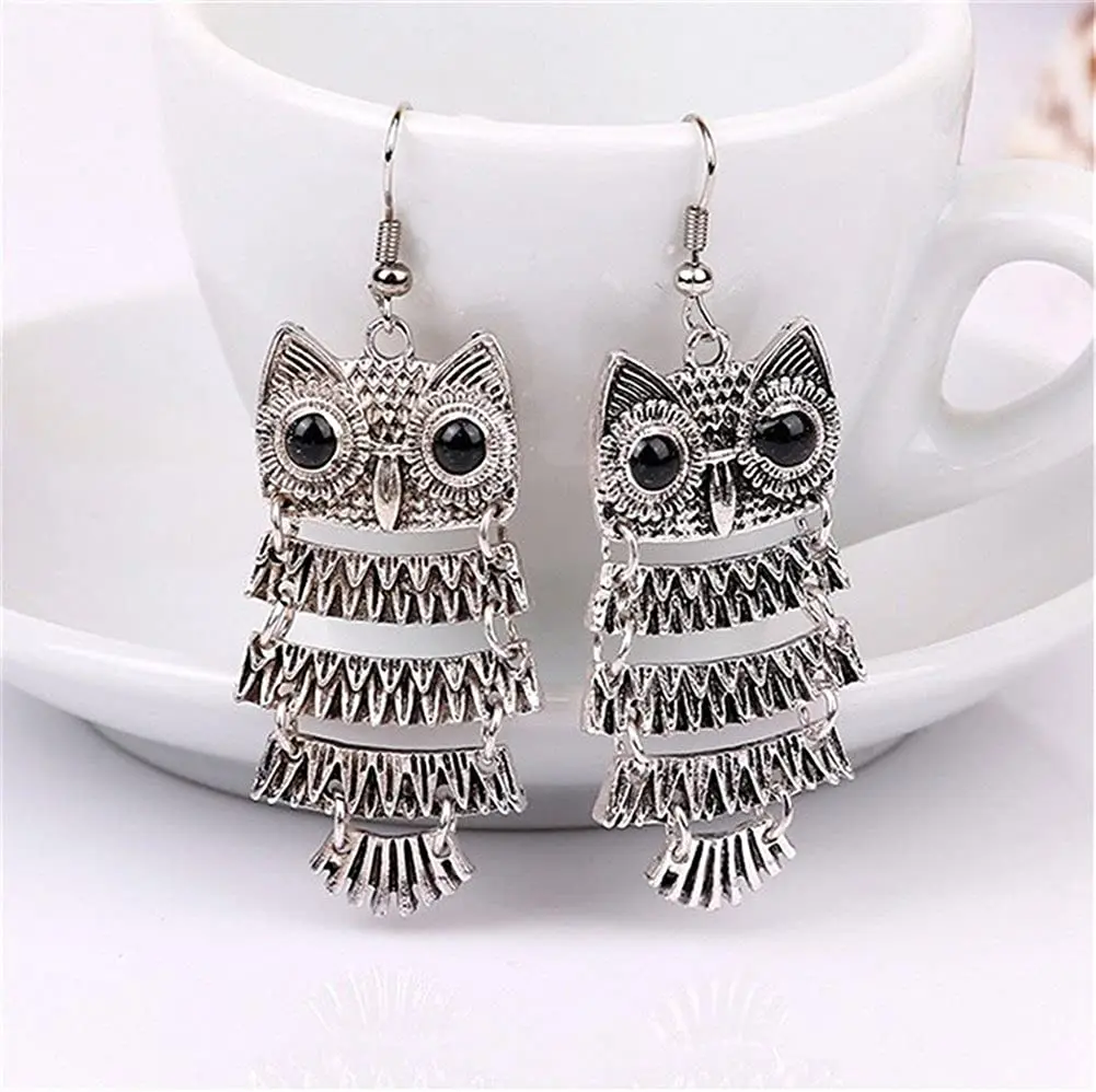 Vintage Style Big Black Eyes Owl Stud Earrings Multi-Layered Retro Exaggerated Earrings for Women