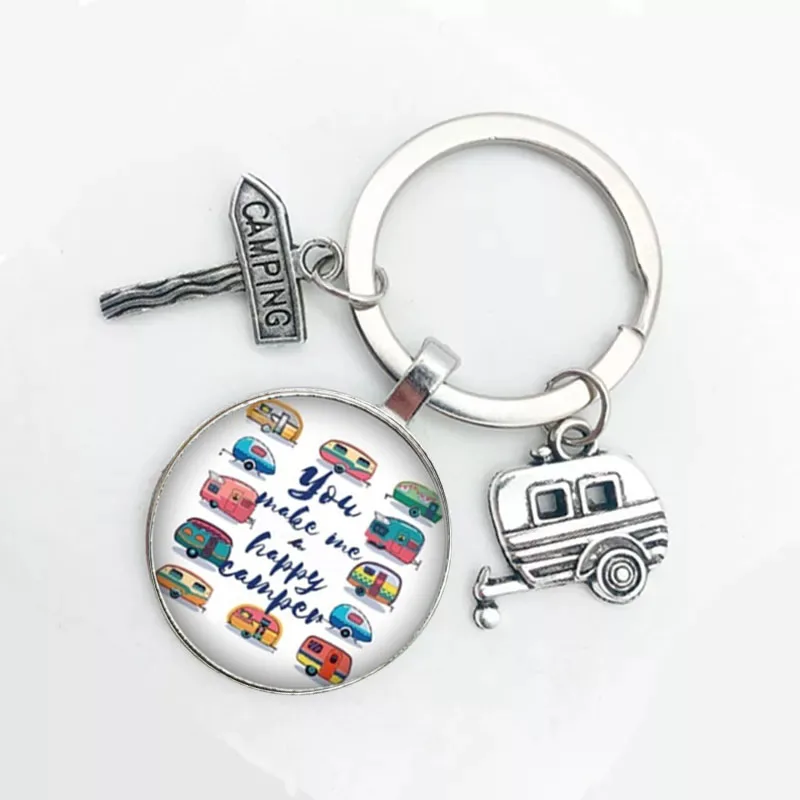 Happy Camping Cute Caravan I Camping Car Key Road Sign Keychain Glass Cabochon Traveler Hobby Keychain Goddess Charm Wholesale