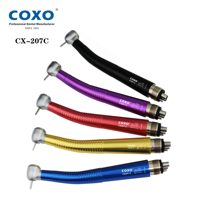 COXO CX207-C Color Handpiece Aluminum alloys body Push Button 1 way spray 3 air spray Dental High Speed Handpiece Supplier