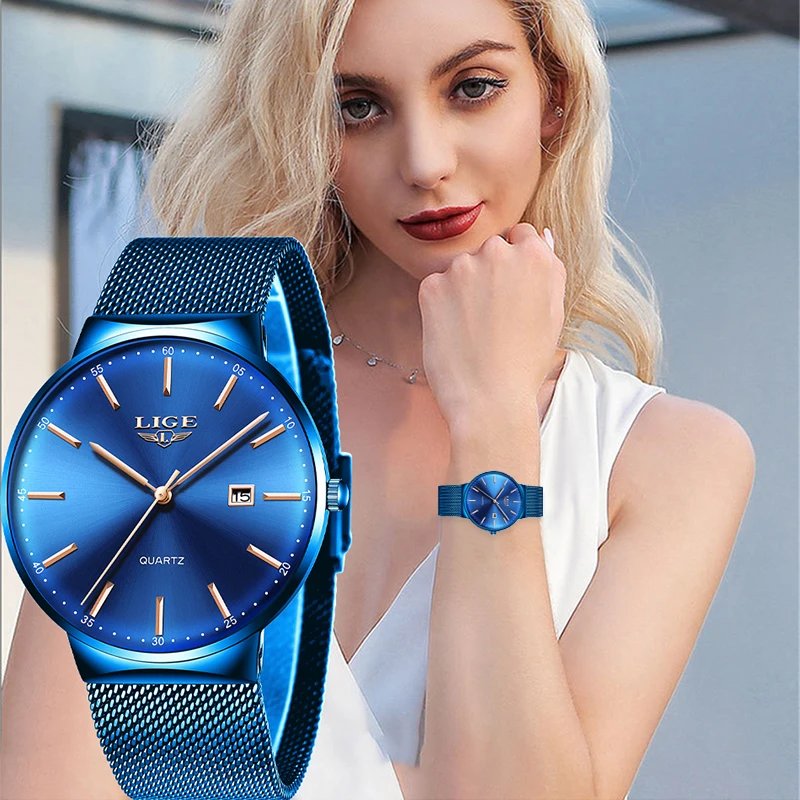 LIGE Womens s Top Brand luxury Analog QuartzWatchesWatch Women Full Blue Mesh Stainless Steel Date Clock Fashion Ultra-thin Dial