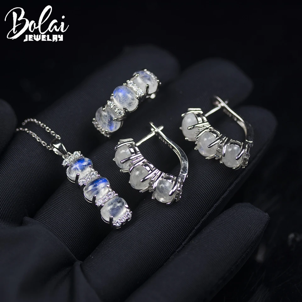 

Bolai Natural Blue Moonstone Jewelry Sets Kits 925 Sterling Silver Necklace Earrings Ring 7*5mm Jewellry for Woman Anniversary