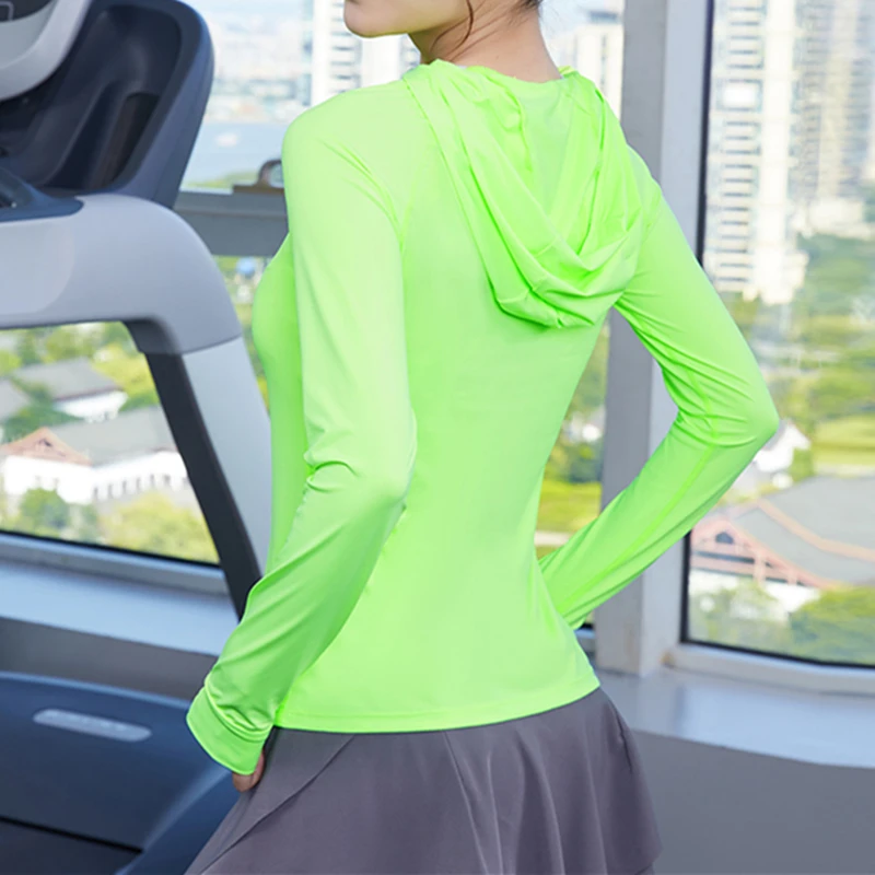 Treino com capuz correndo camiseta ginásio feminino respirável de secagem rápida manga longa solta roupas de fitness yoga camisa superior feminino t