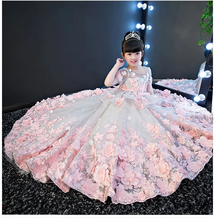 Real Picture New Luxury Flower Girls Dress Princess Dress Lace 3D Flowers Applique Puffy Tulle Kids Birthday Gown costume