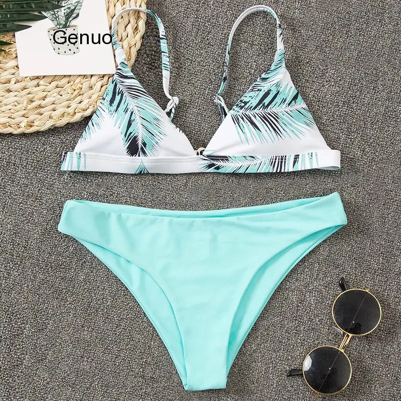 Sexy Triangle Push Up Bikini Set Feather Print Brazilian Swimwear String Bathing Suit High Cut Biquini Swimsuit Beachwear Bather