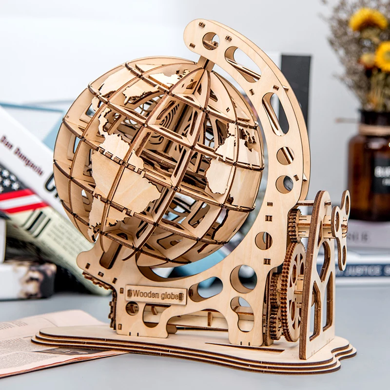 Wooden Globe Puzzle 3D DIY Mechanical Drive Model Transmission Gear Rotate Assembling Puzzles Home Office Decoration Toys Adults