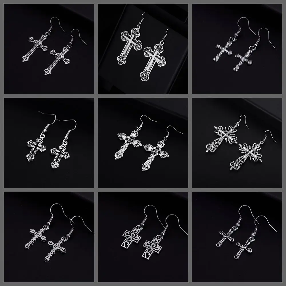 Trendy Vintage Cross Shape Dangle  Antique Silver Plated Earrings for Women Girl Retro Drop Earrings Cute Earring Jewelry Bijoux