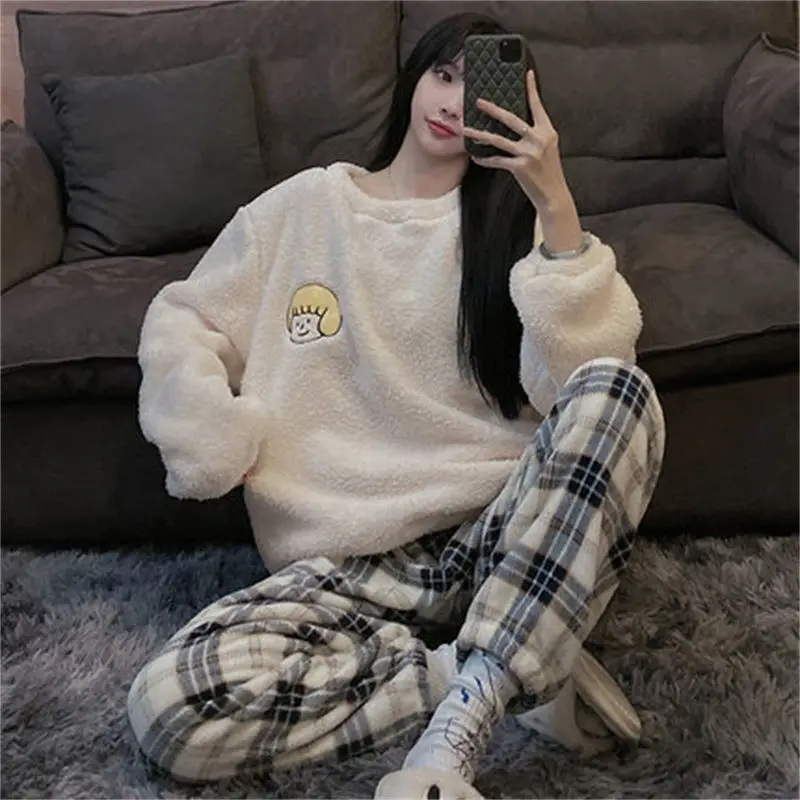 QWEEK Winter Pajamas for Couples Velvet Pyjama Pour Femme Korean Style Room Wear Pijamas Feminino Long Sleeve Sleepwear Set