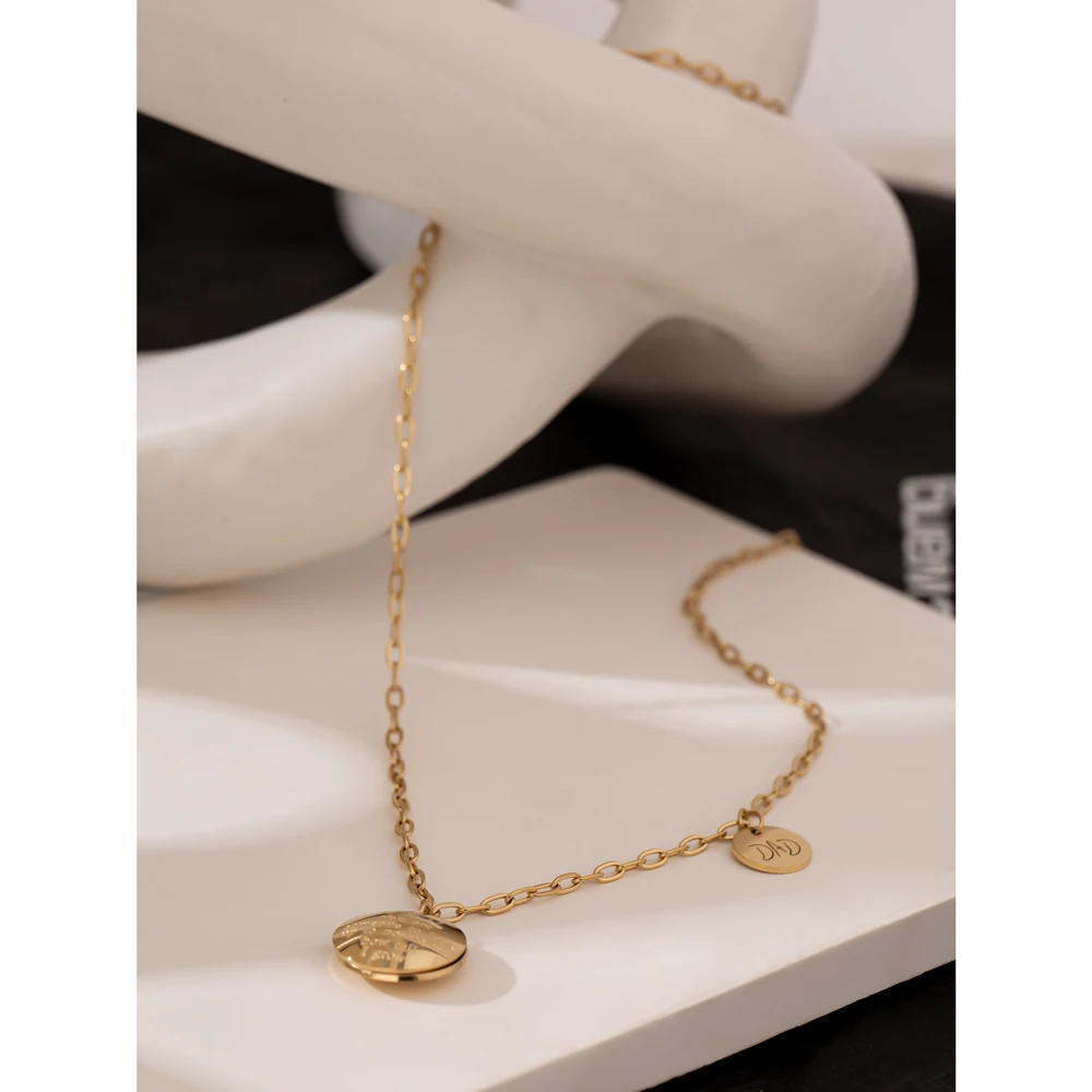 Yhpup Stainless Steel Chain Choker Necklace Trendy Round Metal Pendant 18 K  PVD Gold Plated Jewelry Boucle D\'Oreille Femme