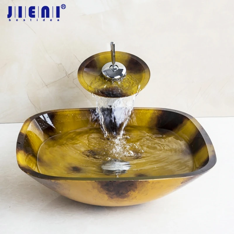 JIENI Luxury Yellow Hand painting Basin Vessel Sink Tempered Glass Basin Sink Bowl Faucet Set with Chrome Pop up Drain