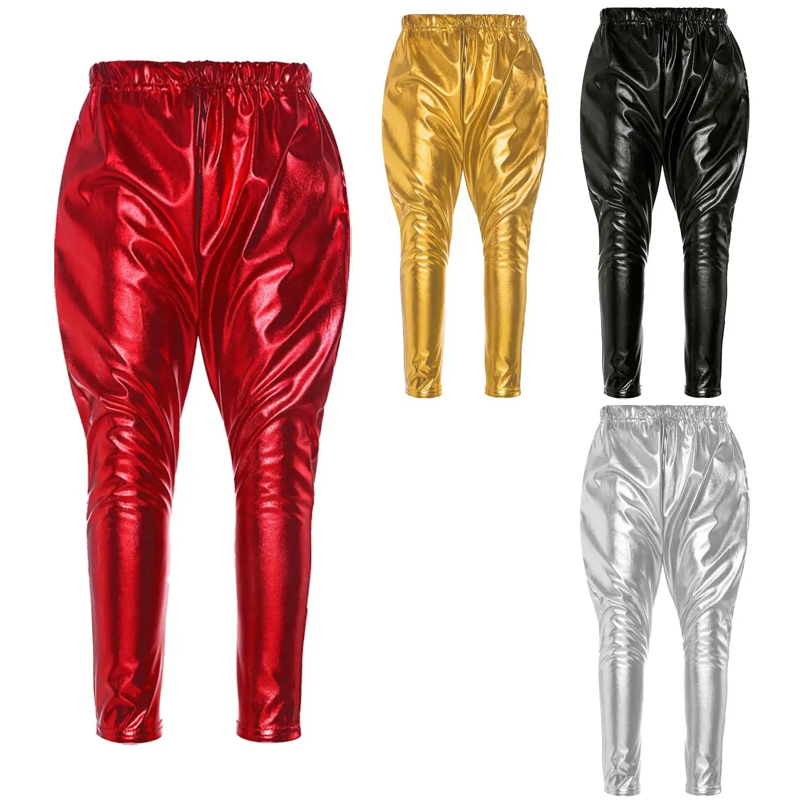 Girls Golden Leggings Lightweight Harem Pants Silver Shiny Red Color Kids Full Length Bottoms Metallic Leggings Teens Dancewear