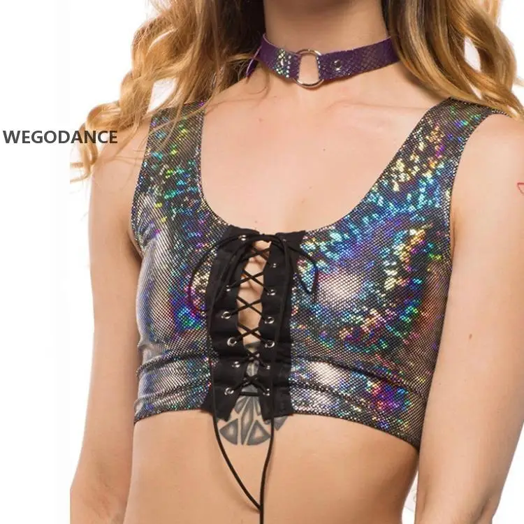 Women Rave Festival Clothes Holographic Lace Up Crop Top Outfits Punk Laser Hologram Foil Fabric Tank Top For Lady