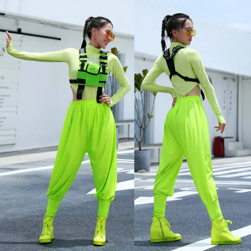 

Fluorescent Green Top Pants Hip Hop Dance Costume For Women Jazz Dance Wear Rave Outfits Stage DJ DS Street Clothing XS2178