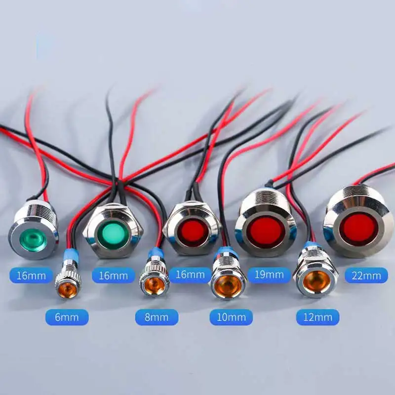 16mm 19mm 22mm LED Metal Indicator light waterproof Signal lamp 3v 6V 12V 24V 220v with wire red yellow blue green white orange