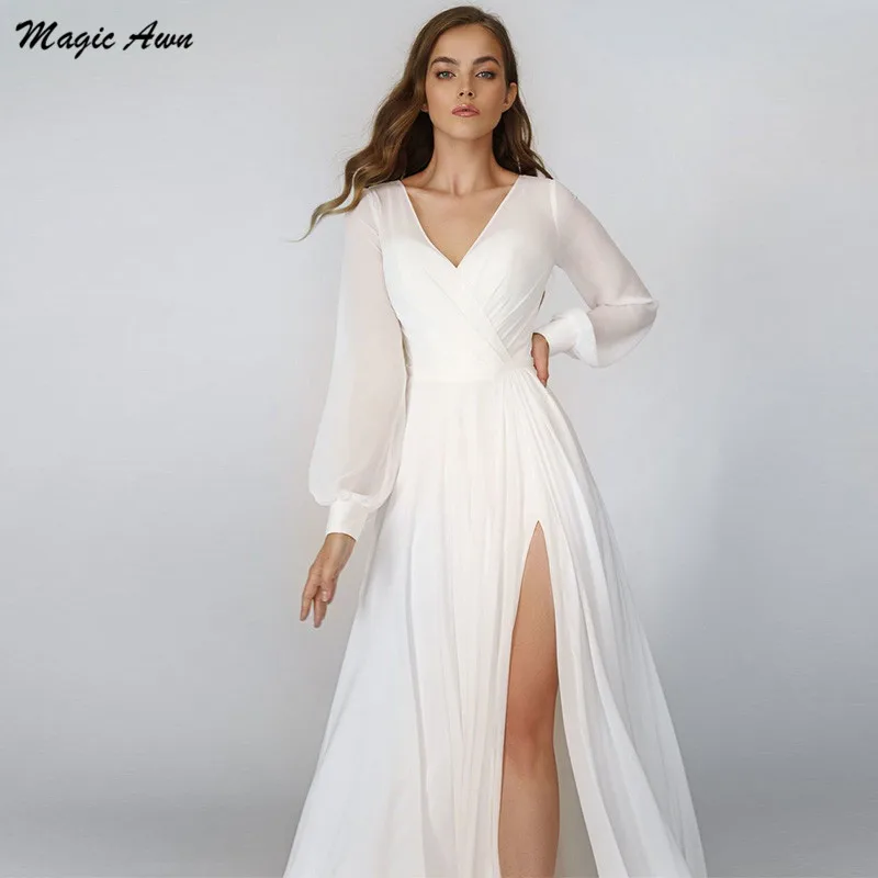 Magic Awning Lengan Panjang Chiffon Pernikahan Gaun Boho V-Neck Ilusi Sisi Split Pantai A-Line Sederhana Mariage Gaun Vestido Boda