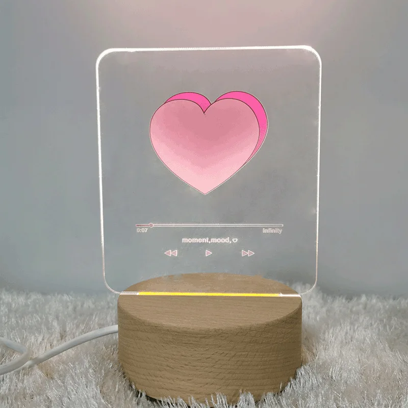 Ins Red Heart Player 3d Light Creative Korea Bedroom Acrylic USB Table Lamp Valentine Day Event Gift Wooden Base Night Light