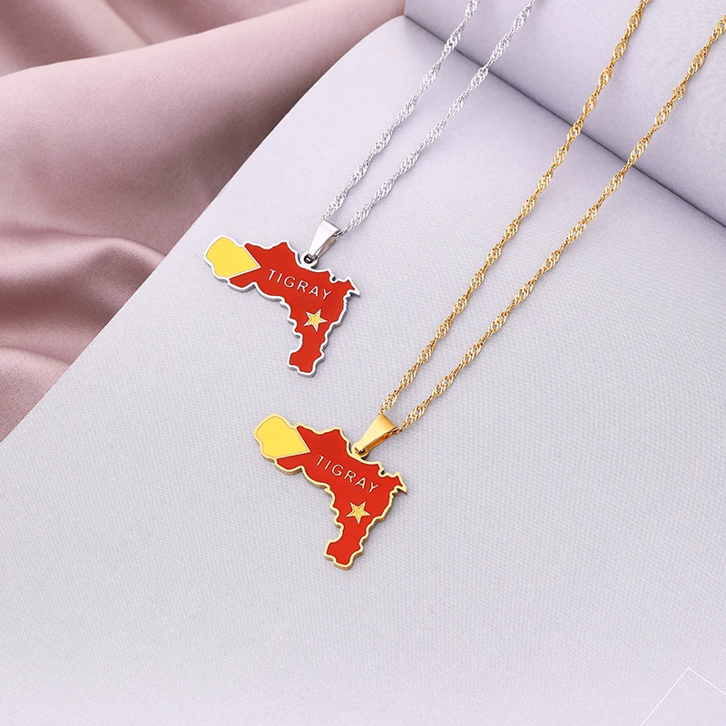 Fashion Enamel Gold Color Tigray Region Map Flag of Ethiopia Pendant Necklaces for Women Girls stainless steel jewelry