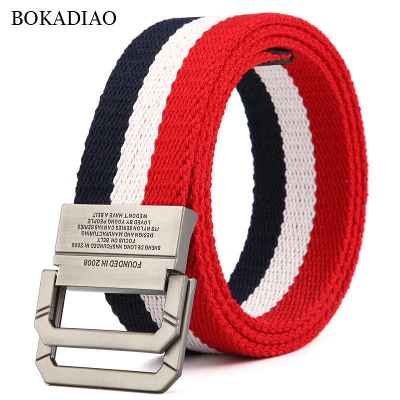 

BOKADIAO Men Canvas Belt Luxury Metal Double Ring Buckle Jeans Belts for Women Fashion Casual Stripes Waistband Nylon male strap