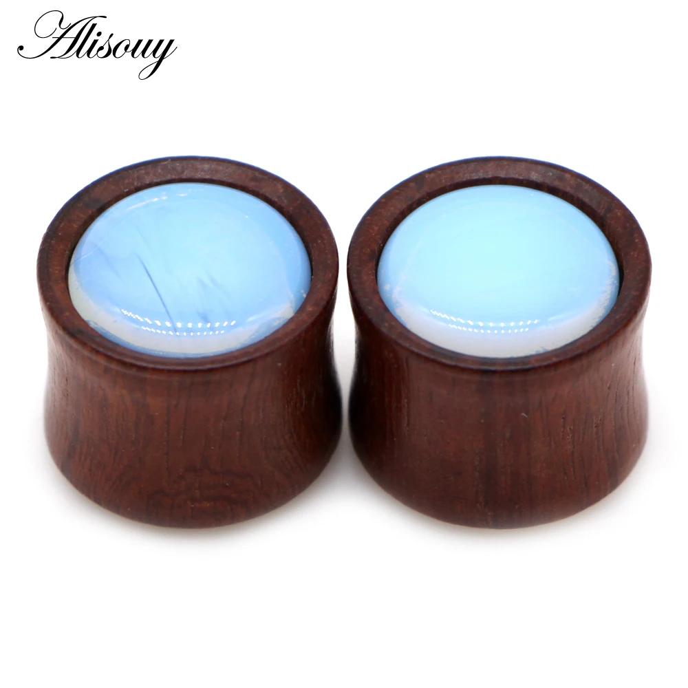 Alisouy 2pcs Inlay Stone Wood Retro Ear Tunnel Plug Flesh Gauges Earrings Double Flared Expender Stretcher Body Piercing Jewelry