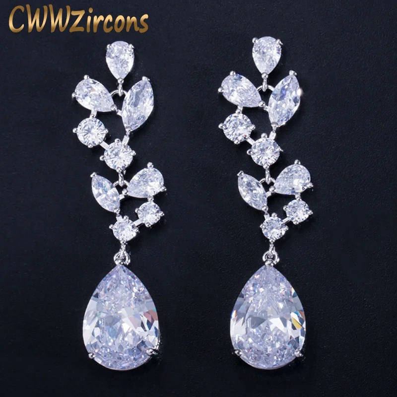 

CWWZircons Gorgeous White Gold Color Red Dark Blue 5.7cm Long Water Drop Cubic Zirconia Wedding Earrings for Brides CZ063