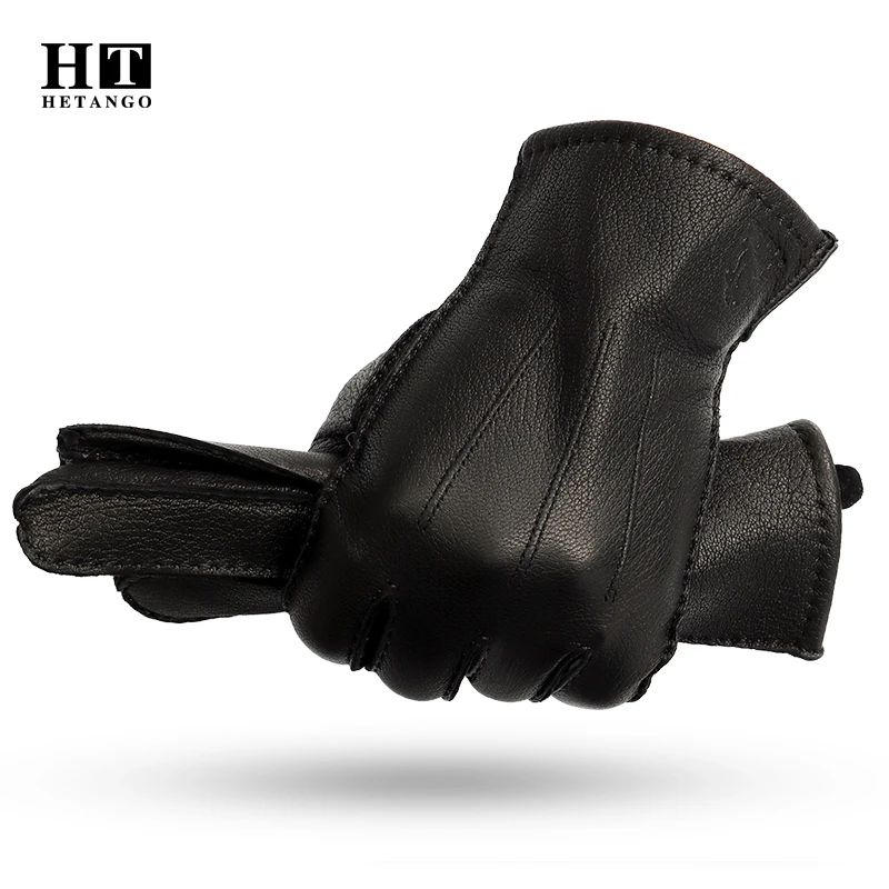 Winter Men's Gloves Hand-Stitched Deerskin Outdoor Driving Warmth Fashion Streak High Quality Leather Mittens Wool Lining