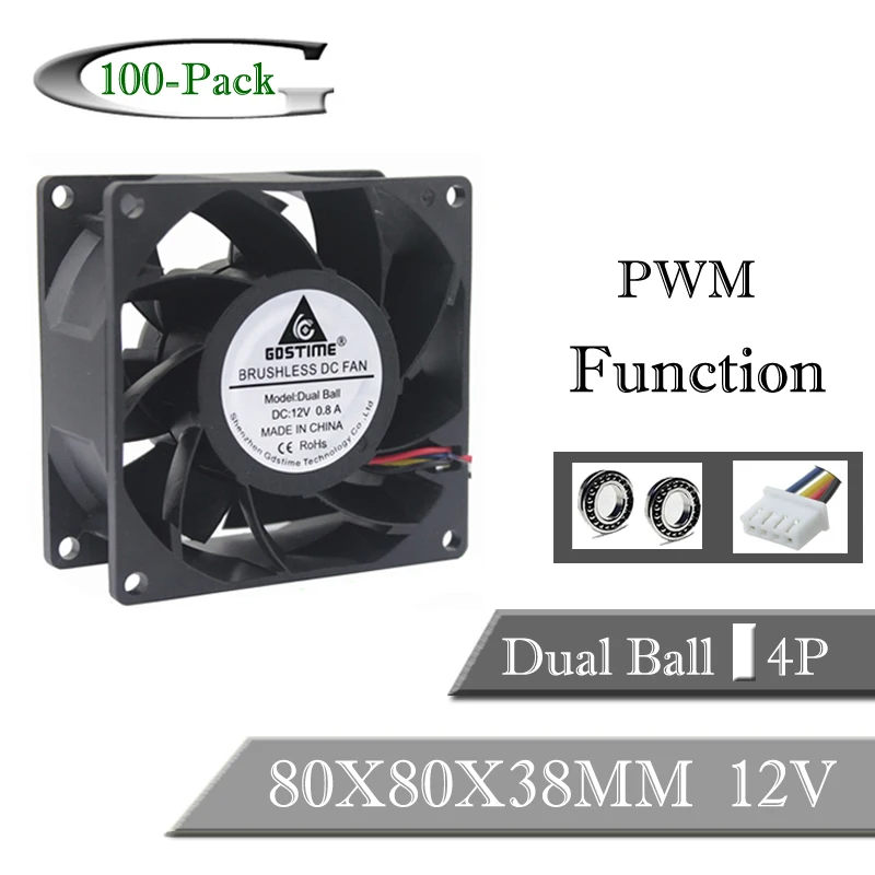 

100 Piece GdstimeDC 12V 8cm 80mm 8038 Ball Bearing Waterproof Cooling Fan 80x80x38mm PWM 4Pin Inverter Cooler Cooling